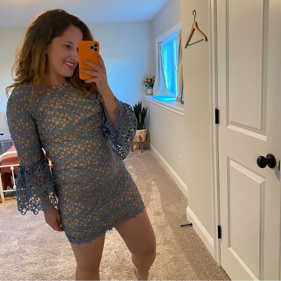 Dress The Population Blue Nude Floral Lace Long Sleeve Mini Dress Small - Picture 3 of 10